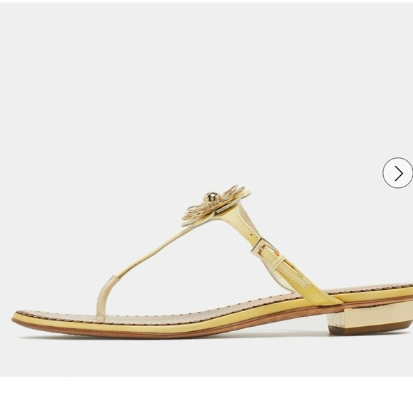 Yellow Leather Flower Thong Sandals Gold Block Heel Dressy Shoes - Picture 1 of 11